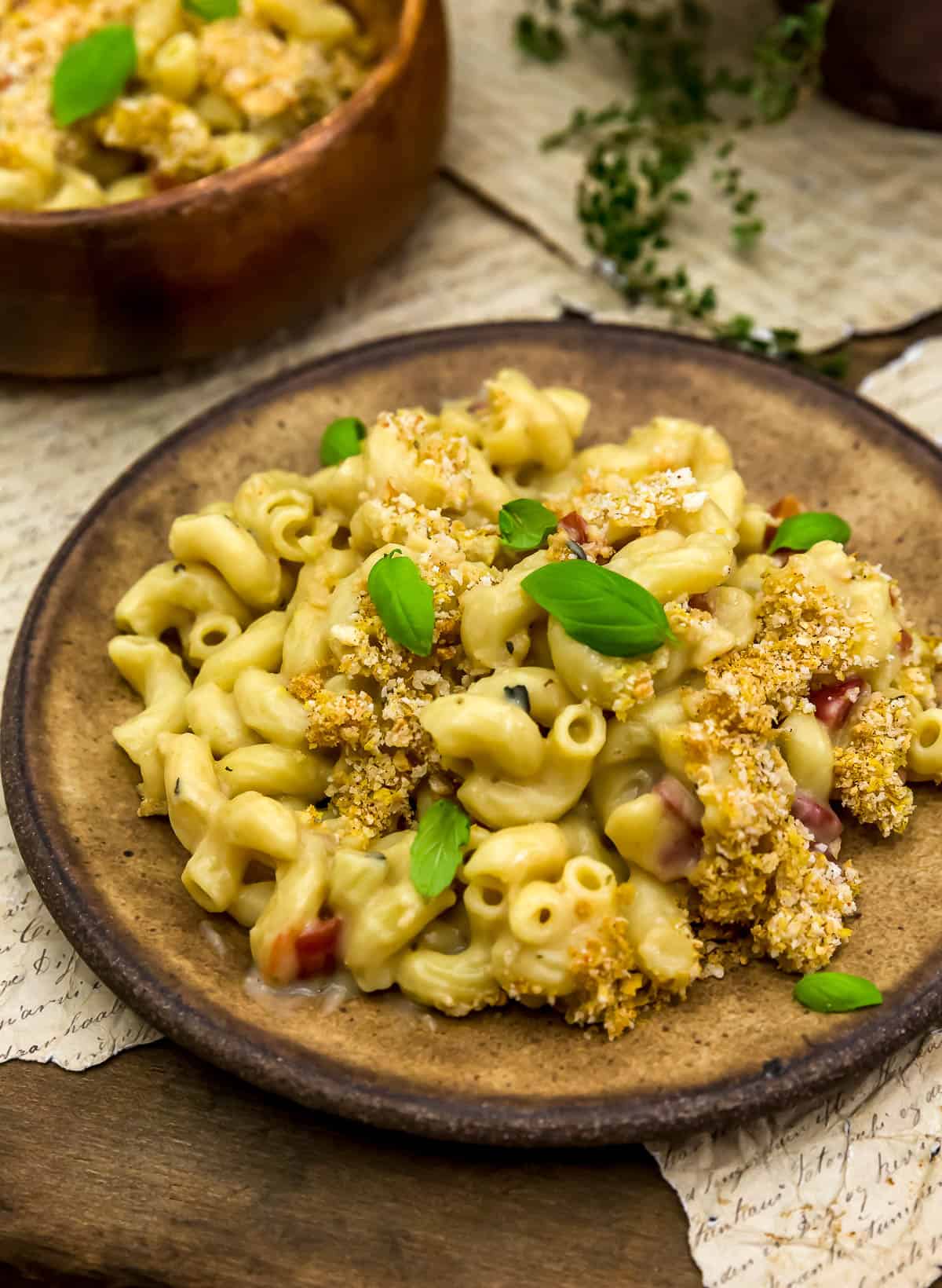 Close up of Vegan Caprese Mac and Cheese