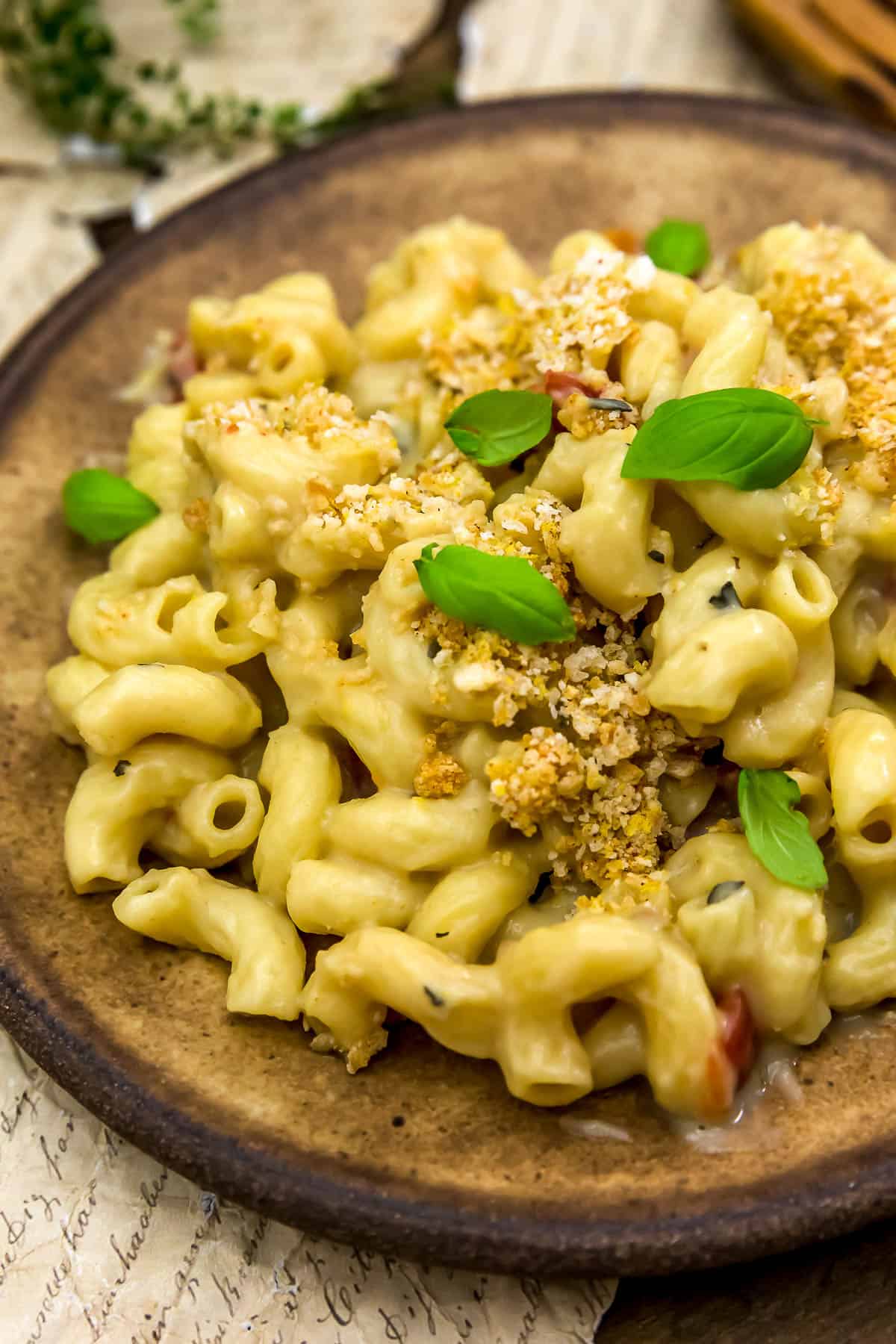 Close up of Vegan Caprese Mac and Cheese