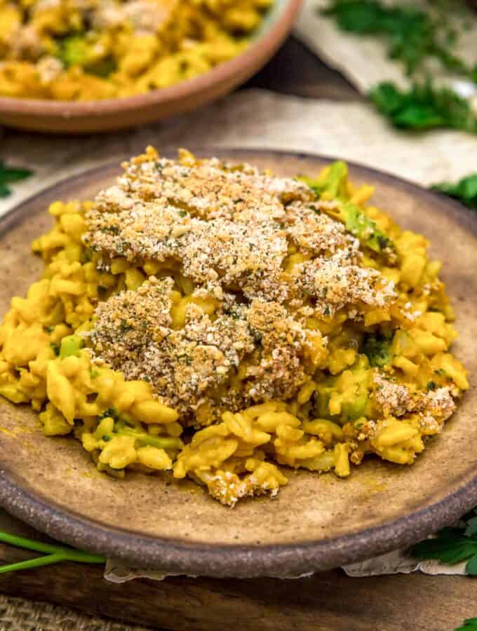 Plate of Vegan Cheesy Broccoli Rice Casserole