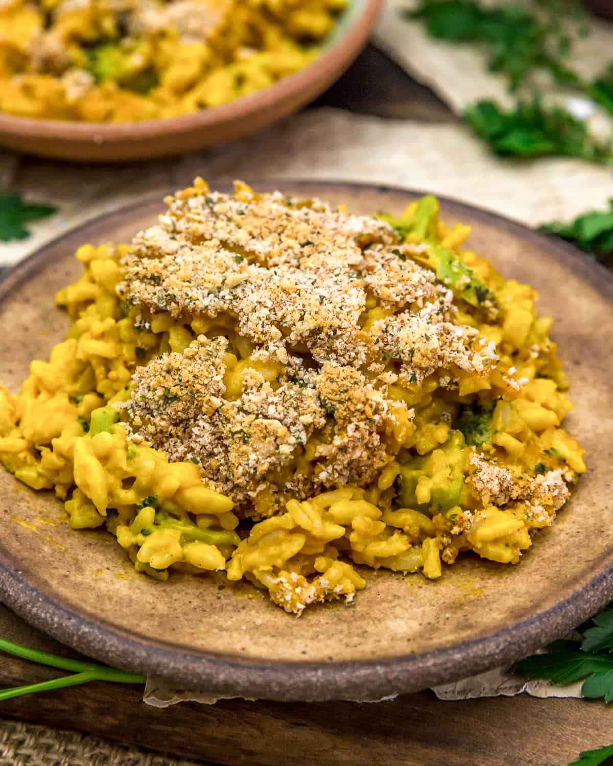 Plate of Vegan Cheesy Broccoli Rice Casserole