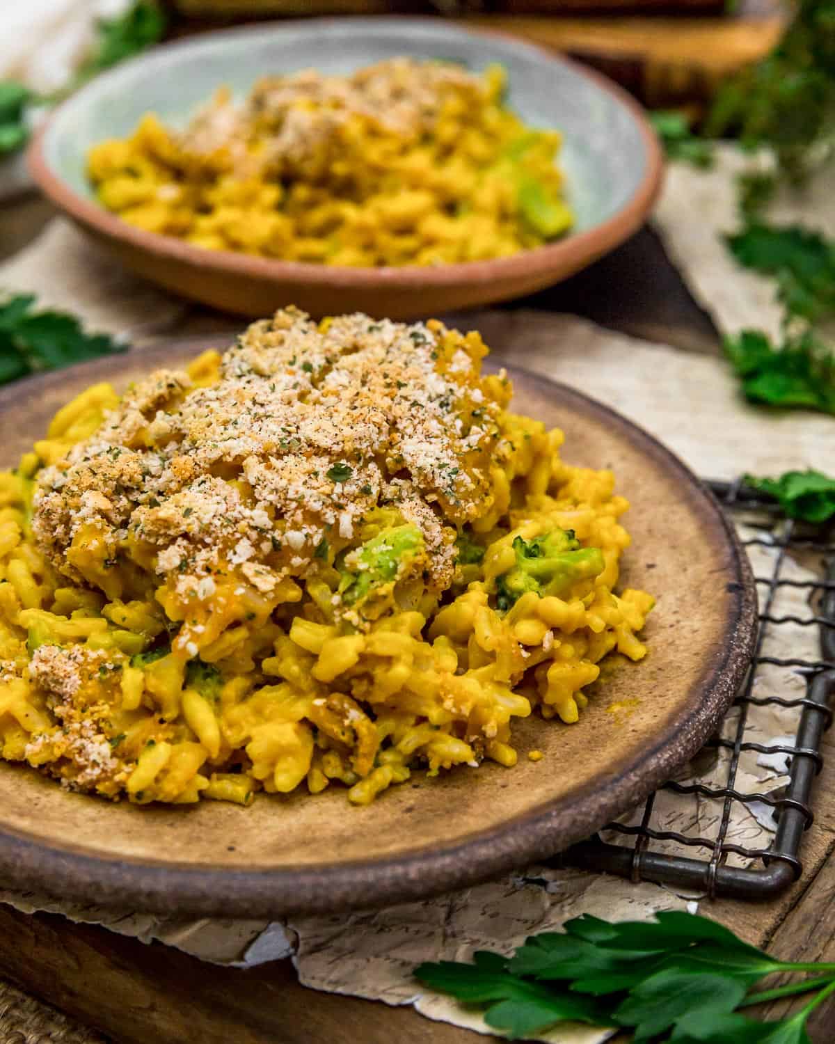 Close up of Vegan Cheesy Broccoli Rice Casserole