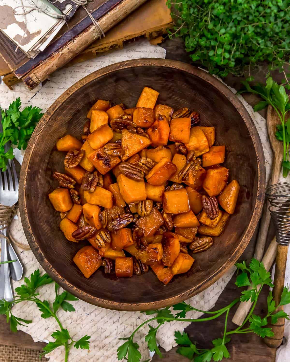 Tablescape of Maple Pecan Roasted Butternut Squash