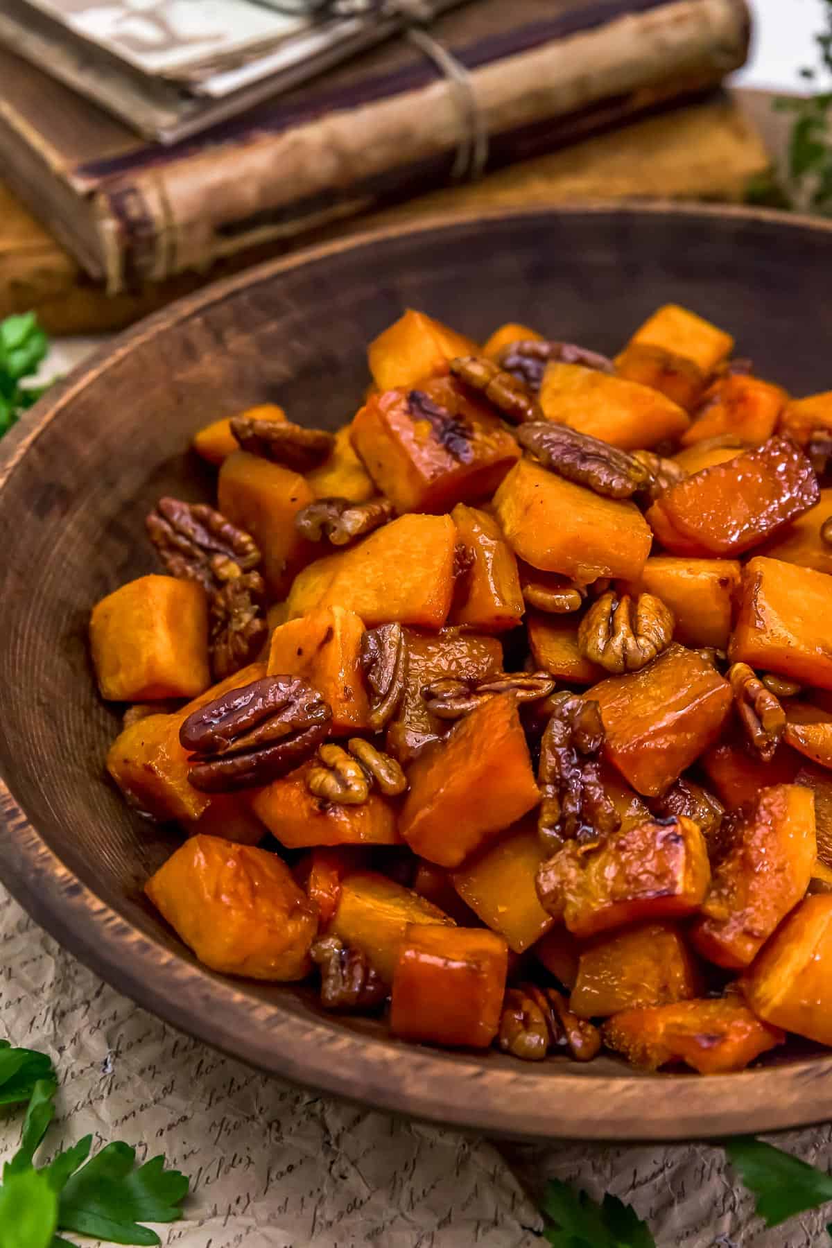 Close up of Maple Pecan Roasted Butternut Squash