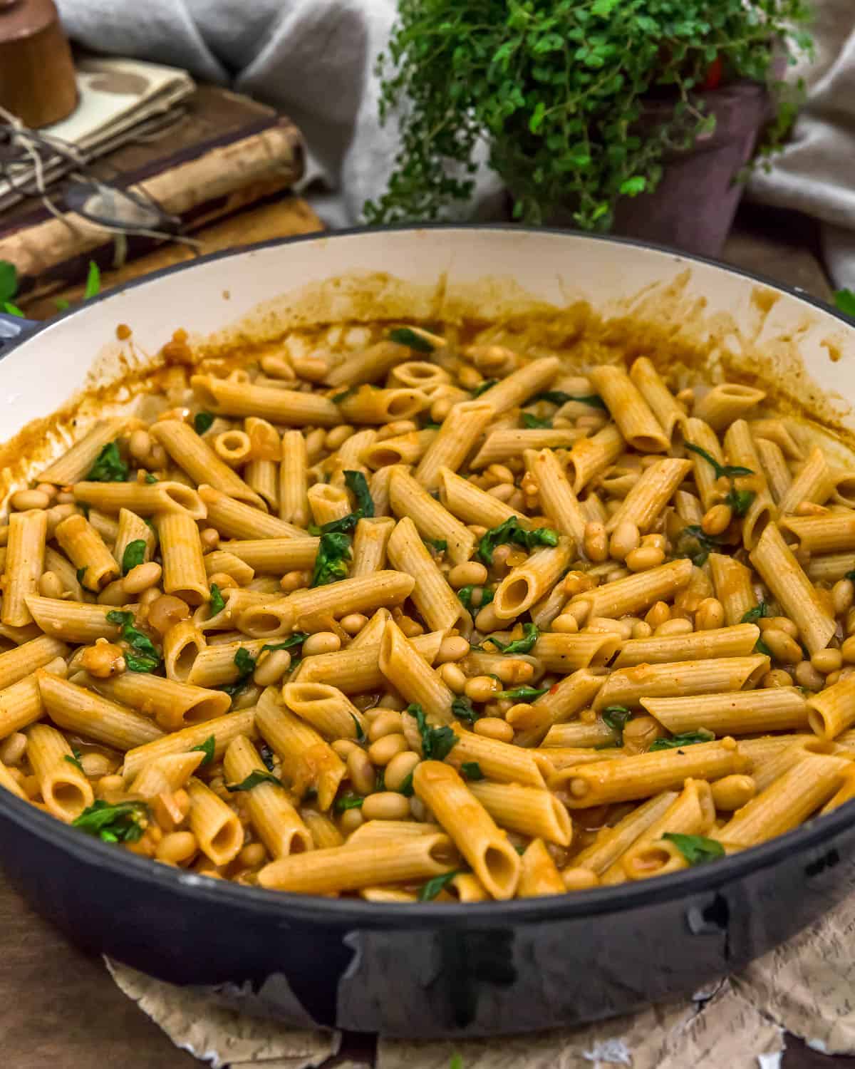 Vegan Smoky “Ham” Pasta in a skillet