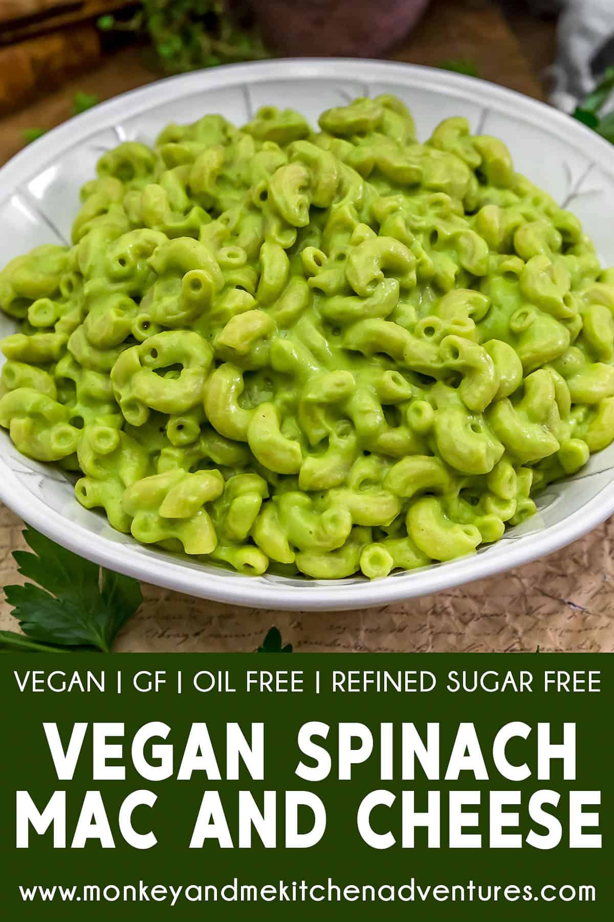 Vegan Spinach Mac and Cheese with text description