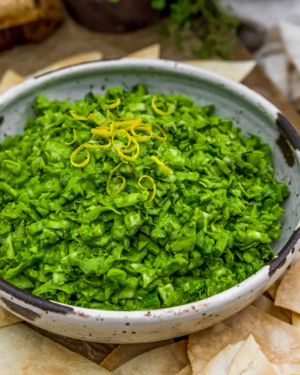 Close up of Vegan Pesto Cabbage Chopped Salad