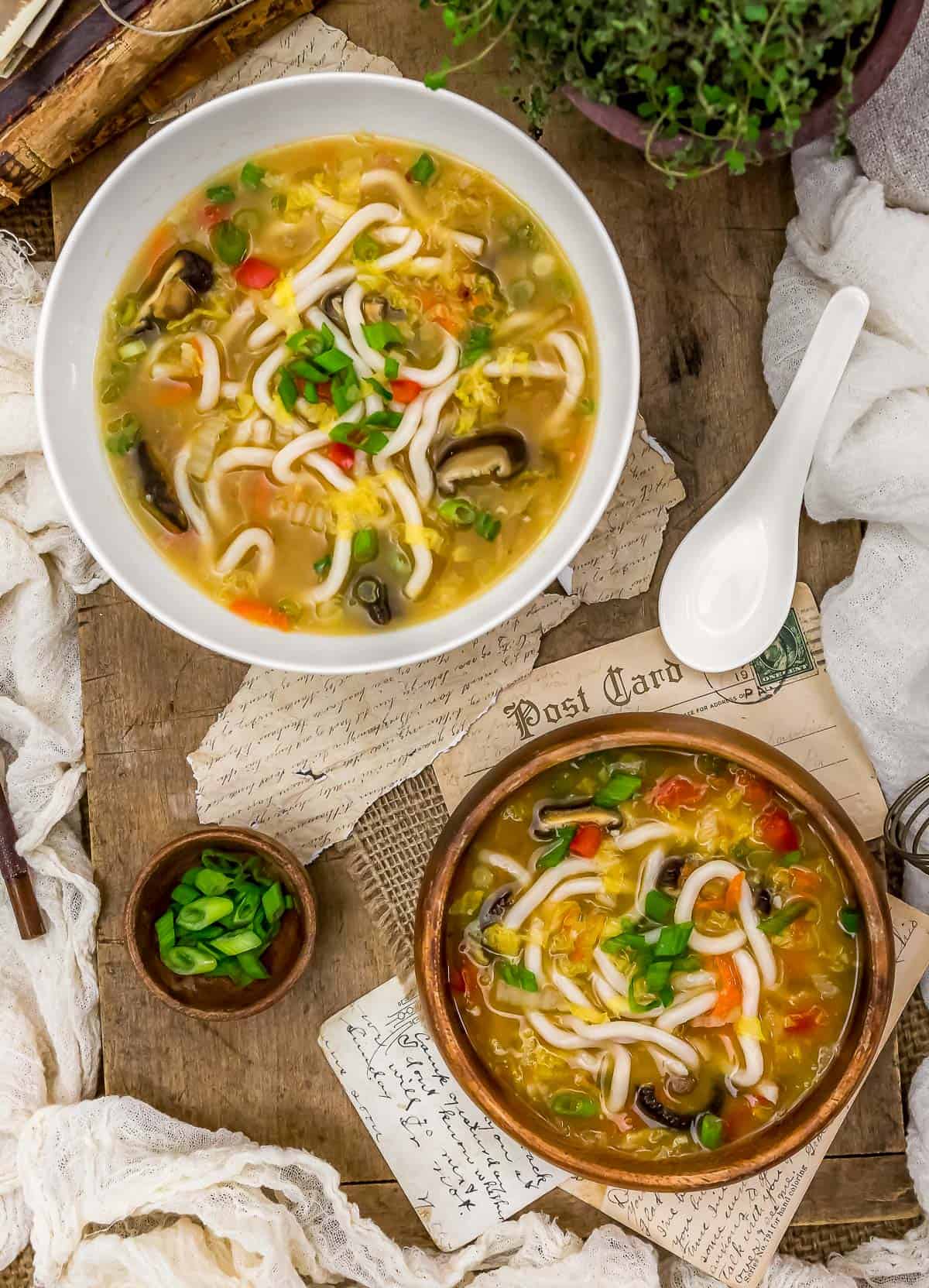 Tablescape of Miso Soup with Napa Cabbage and Noodles