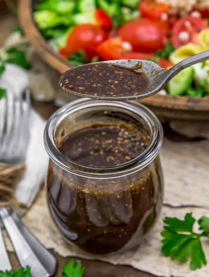 Oil Free Easy Greek Vinaigrette in a spoon