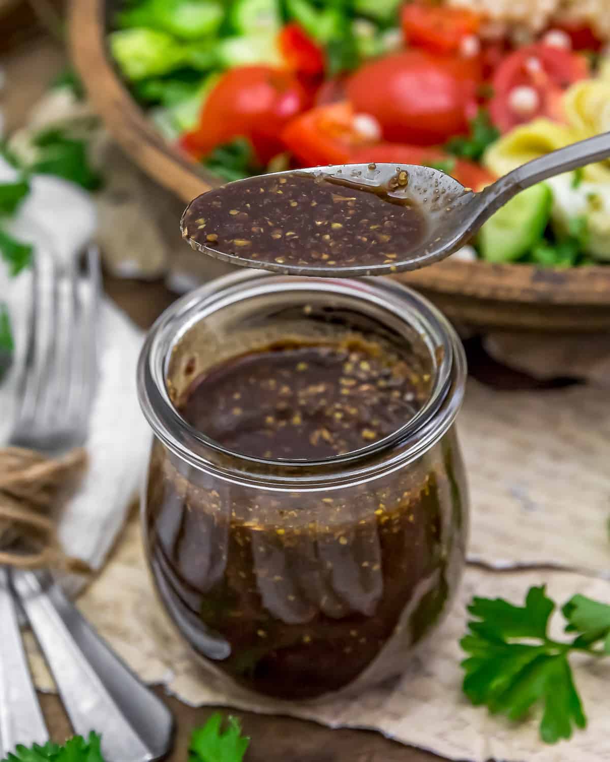 Oil Free Easy Greek Vinaigrette in a spoon