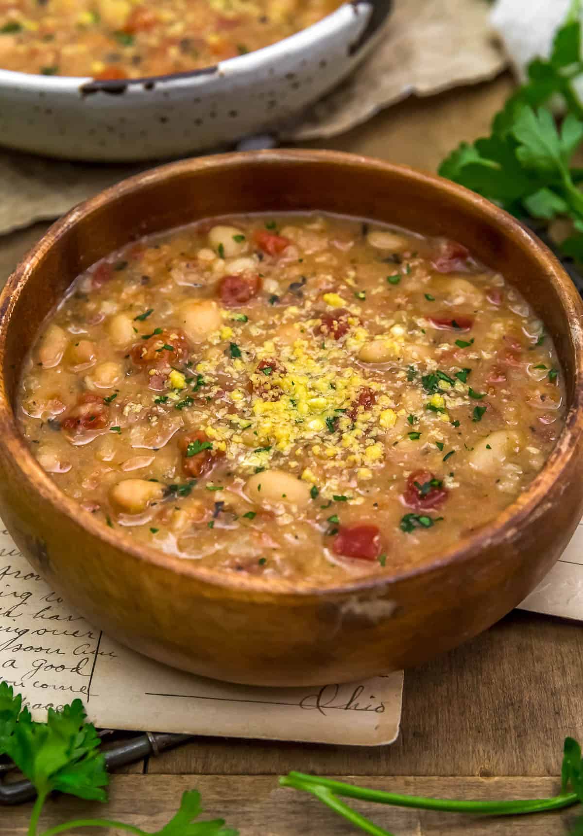 Close up of Oil Free Italian White Bean Rice Soup