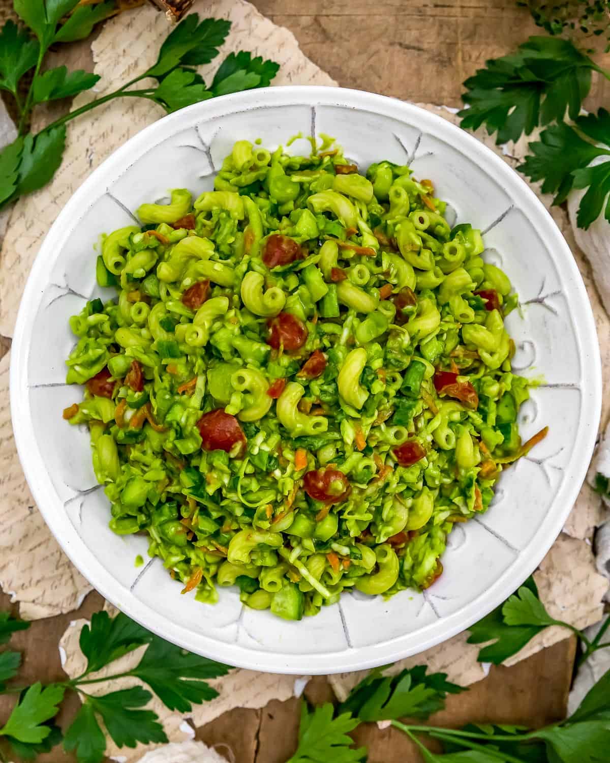 Oil Free Parsley Macaroni Chopped Salad in a bowl