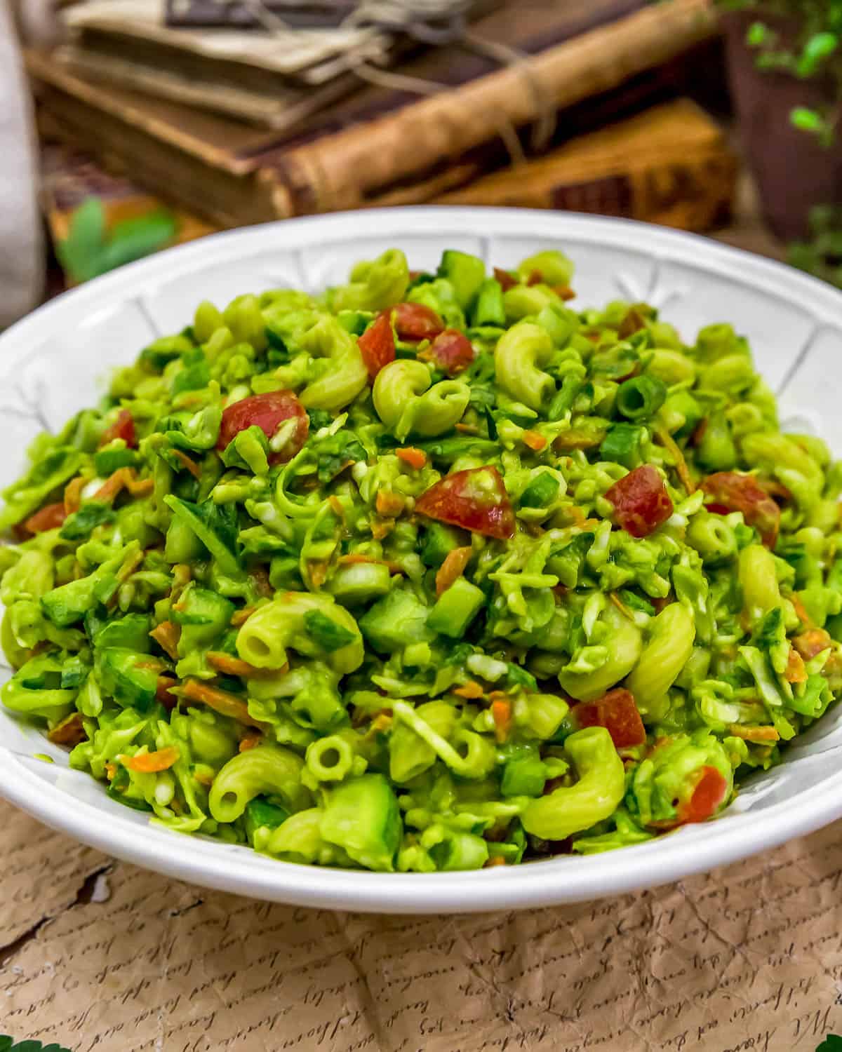 Bowl of Oil Free Parsley Macaroni Chopped Salad