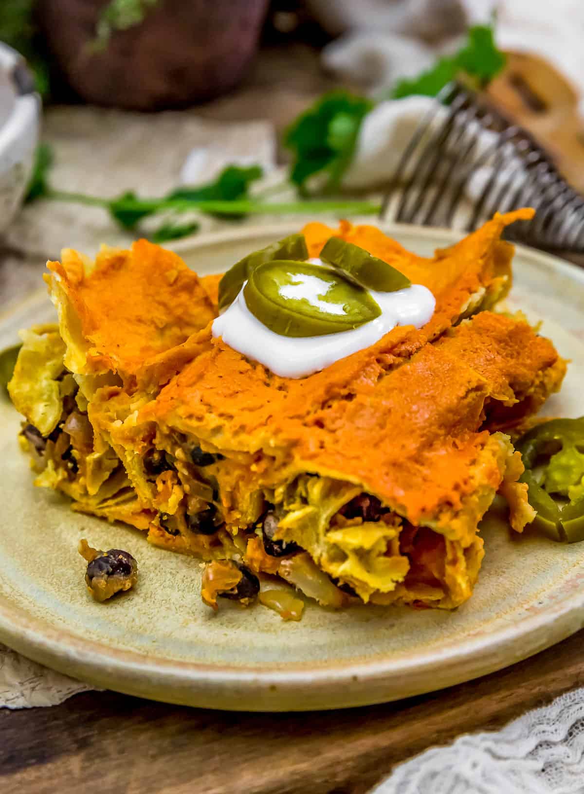 Oil Free Potato Enchilada Casserole on a plate