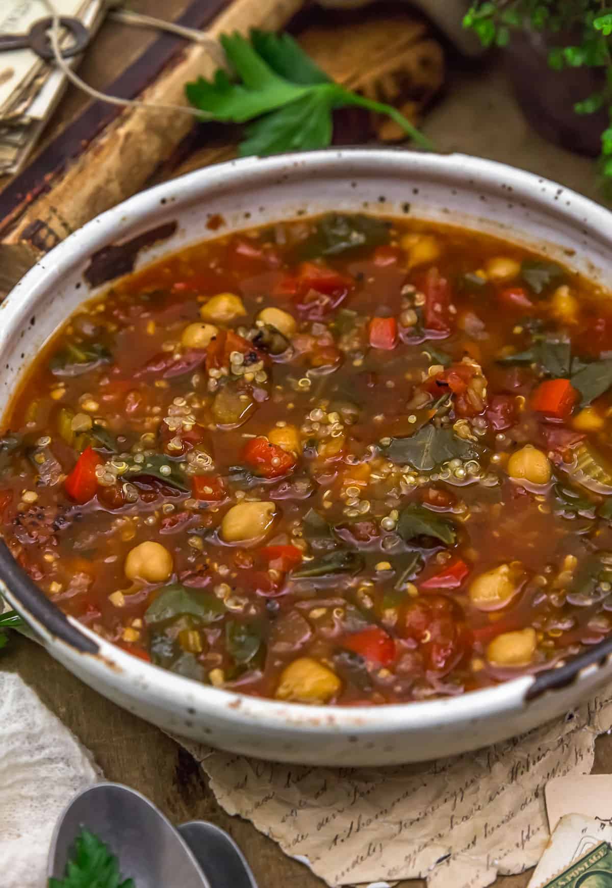 Oil Free Spicy Tomato Quinoa Chickpea Soup in a bowl