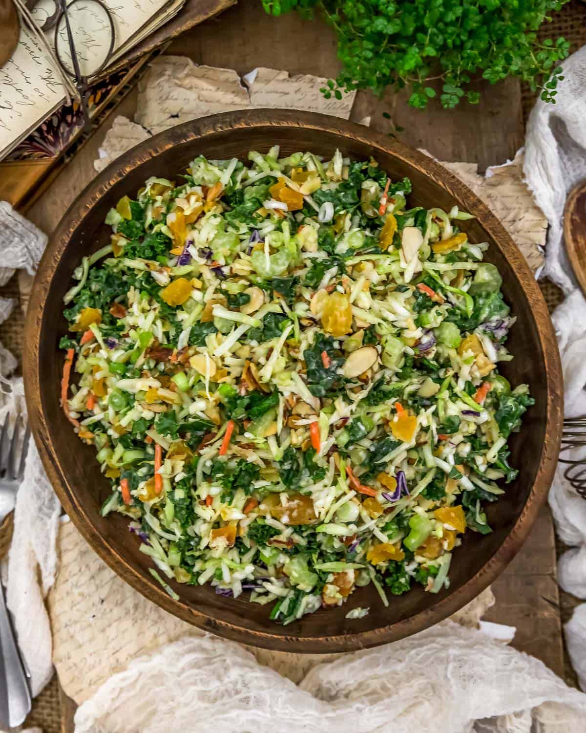 Tablescape of Oil Free Apricot Broccoli Chopped Salad