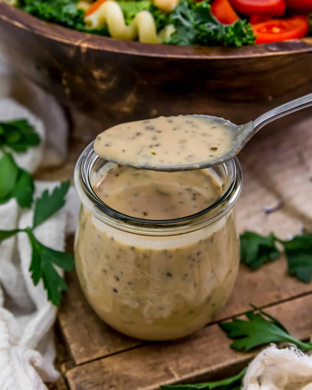 Spoon of Oil Free Italian Hummus Dressing