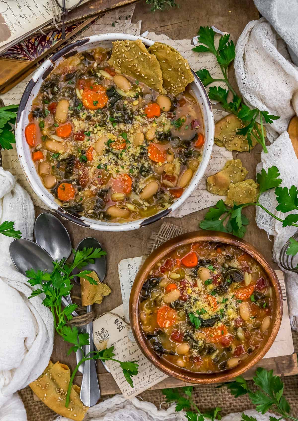 Tablescape of Oil Free Kale Orzo Soup