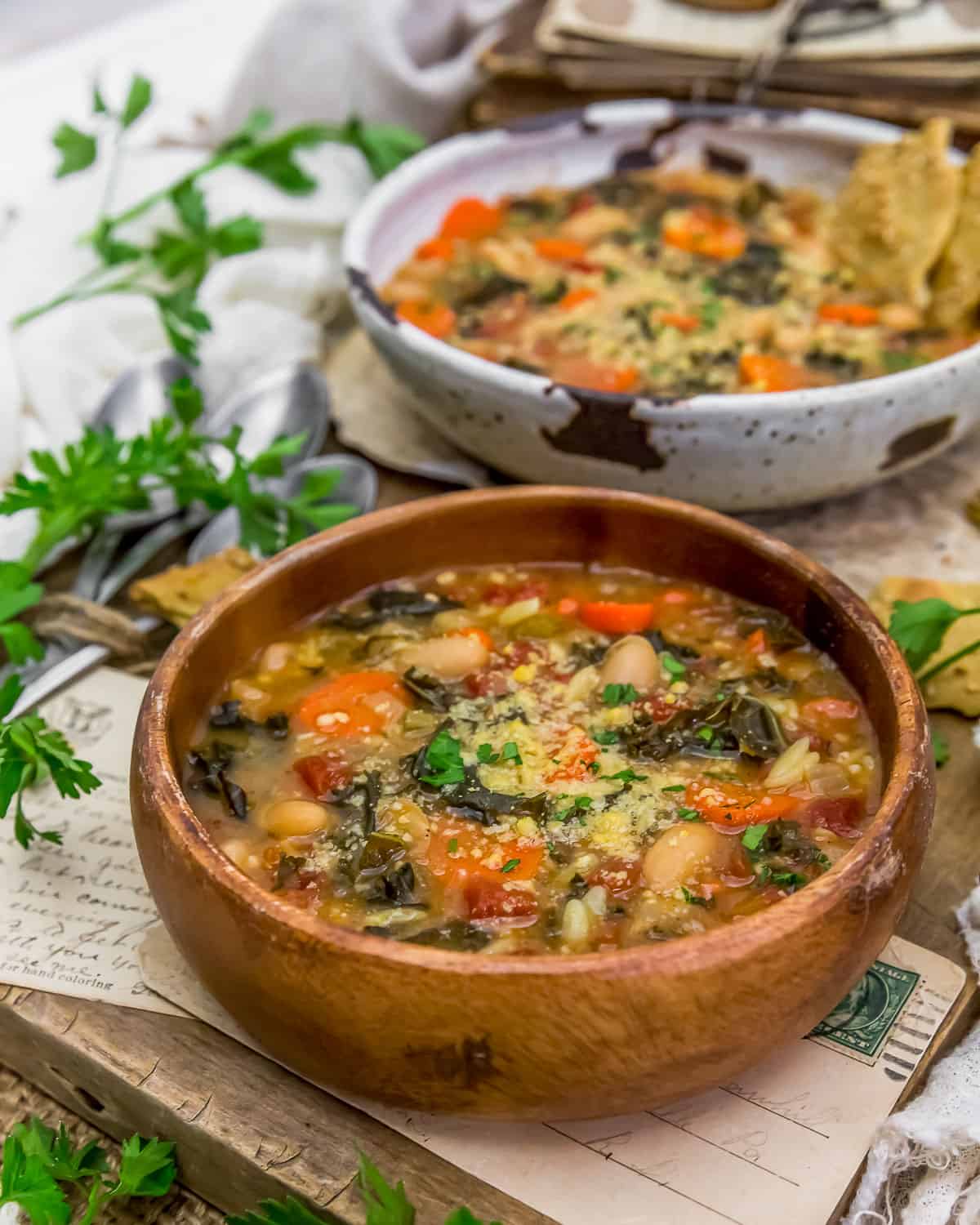 Served Oil Free Kale Orzo Soup