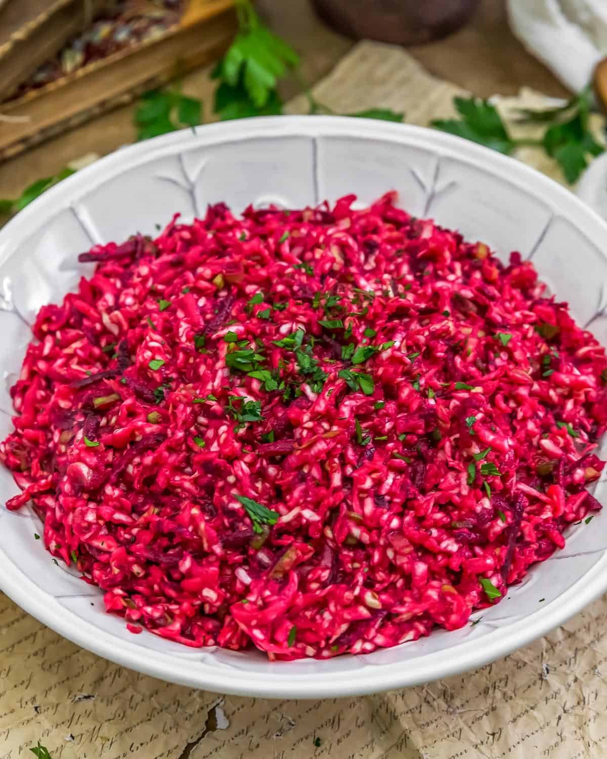 Oil Free Tangy Beet Coleslaw in a bowl