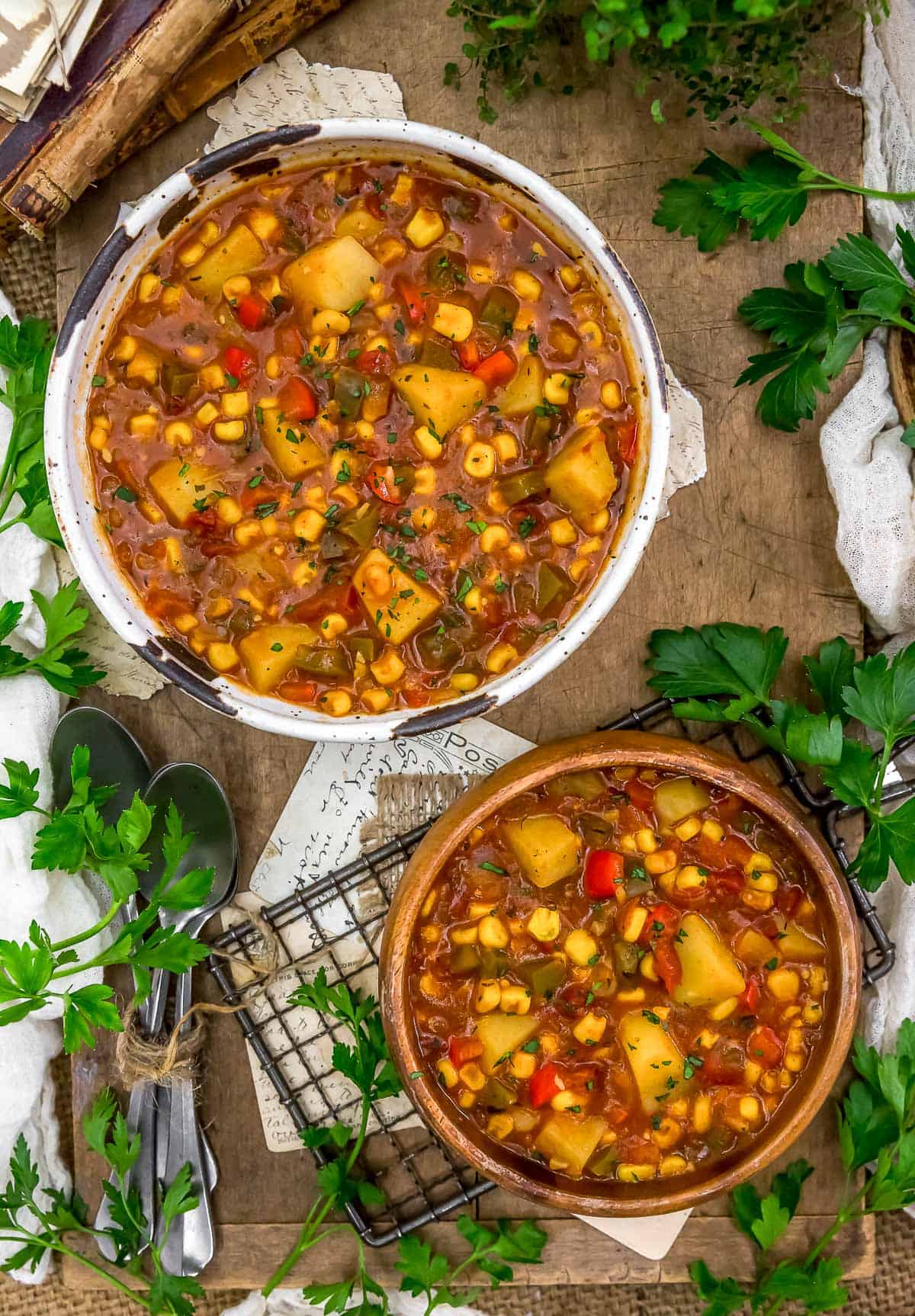 Tablescape of Vegan Cajun Corn Stew