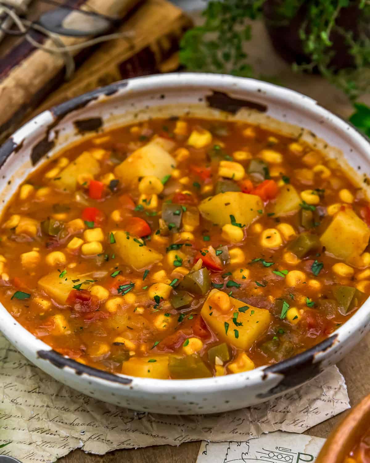 Close up of Vegan Cajun Corn Stew