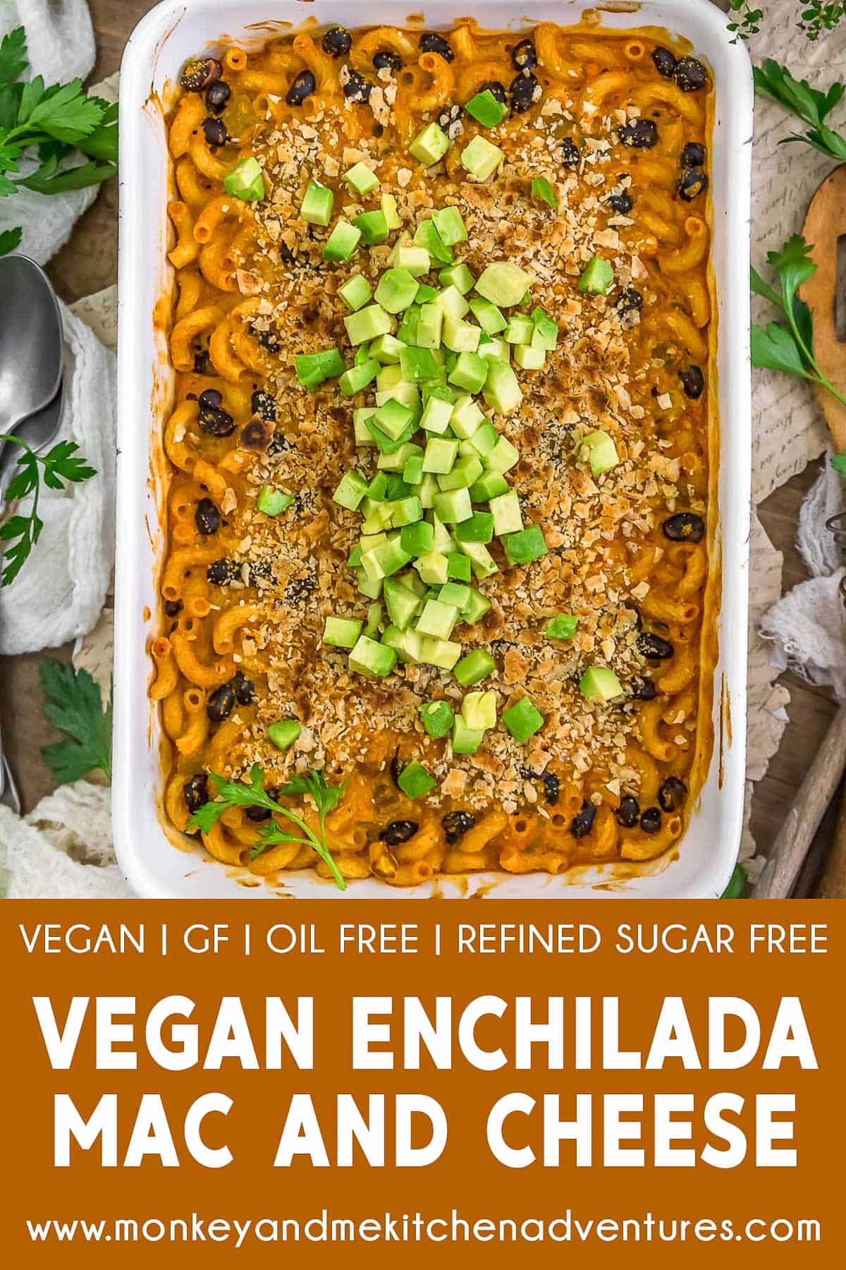 Vegan Enchilada Mac and Cheese with text description