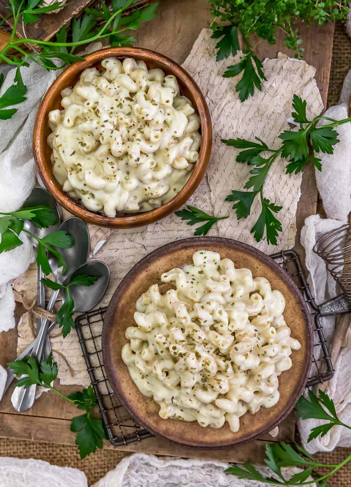 Tablescape of Vegan Greek Mac and Cheese