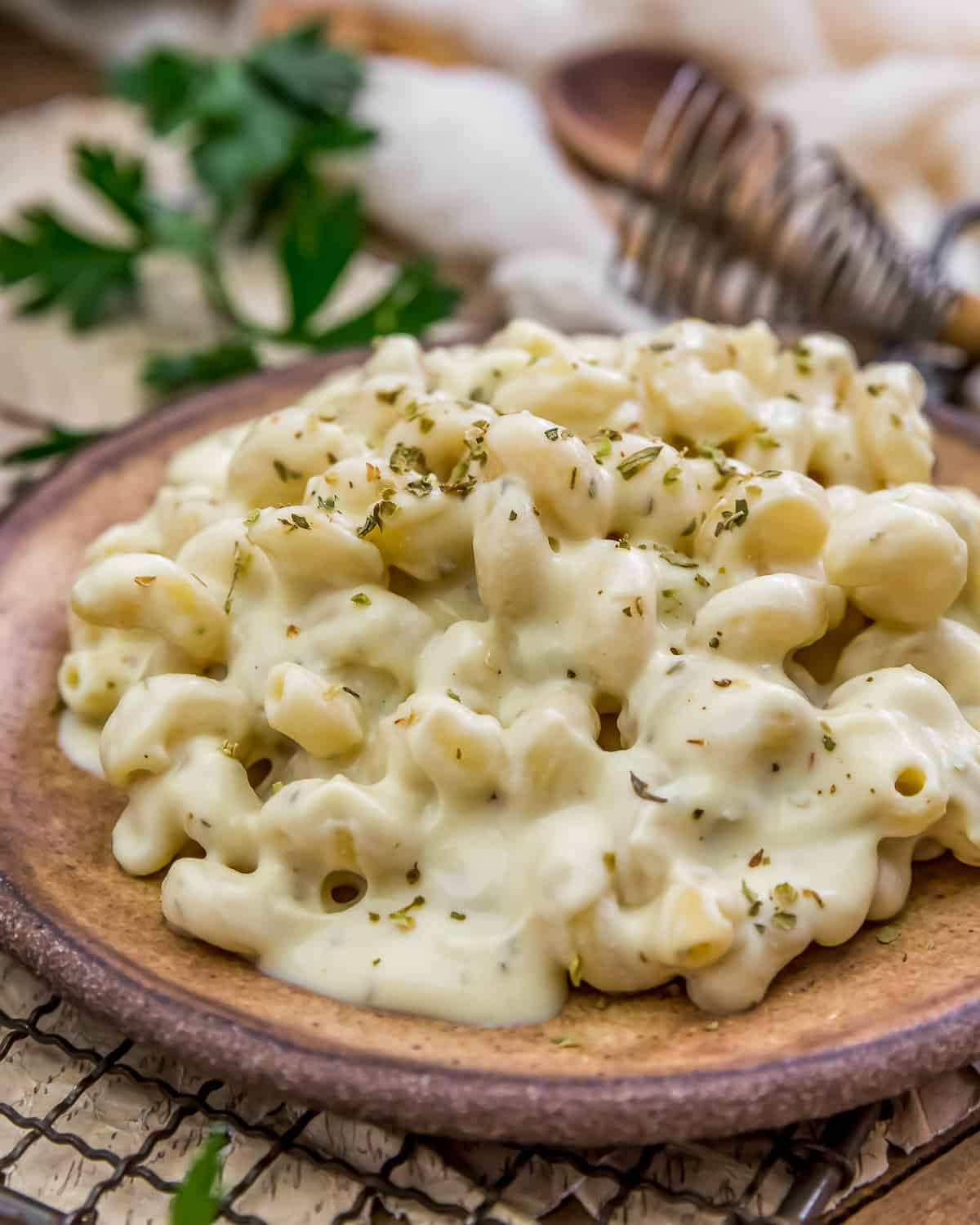 Close up of Vegan Greek Mac and Cheese