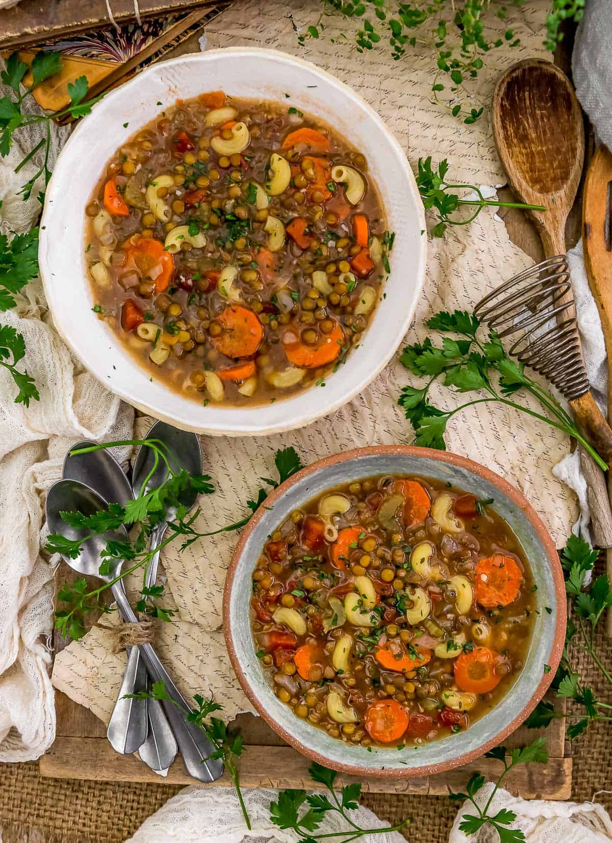 Tablescape of Healthy Lentil Macaroni Soup