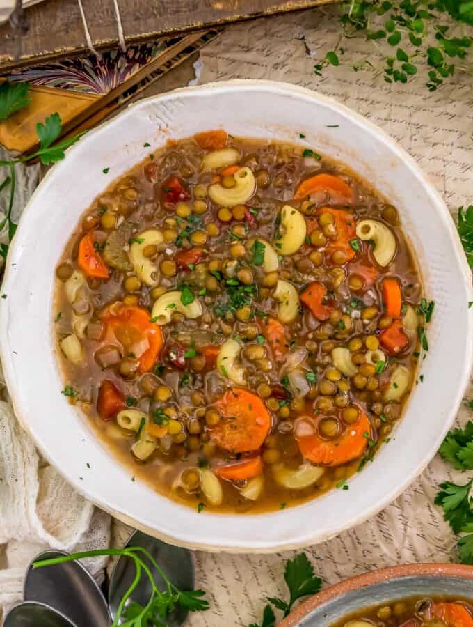Bowl of Healthy Lentil Macaroni Soup