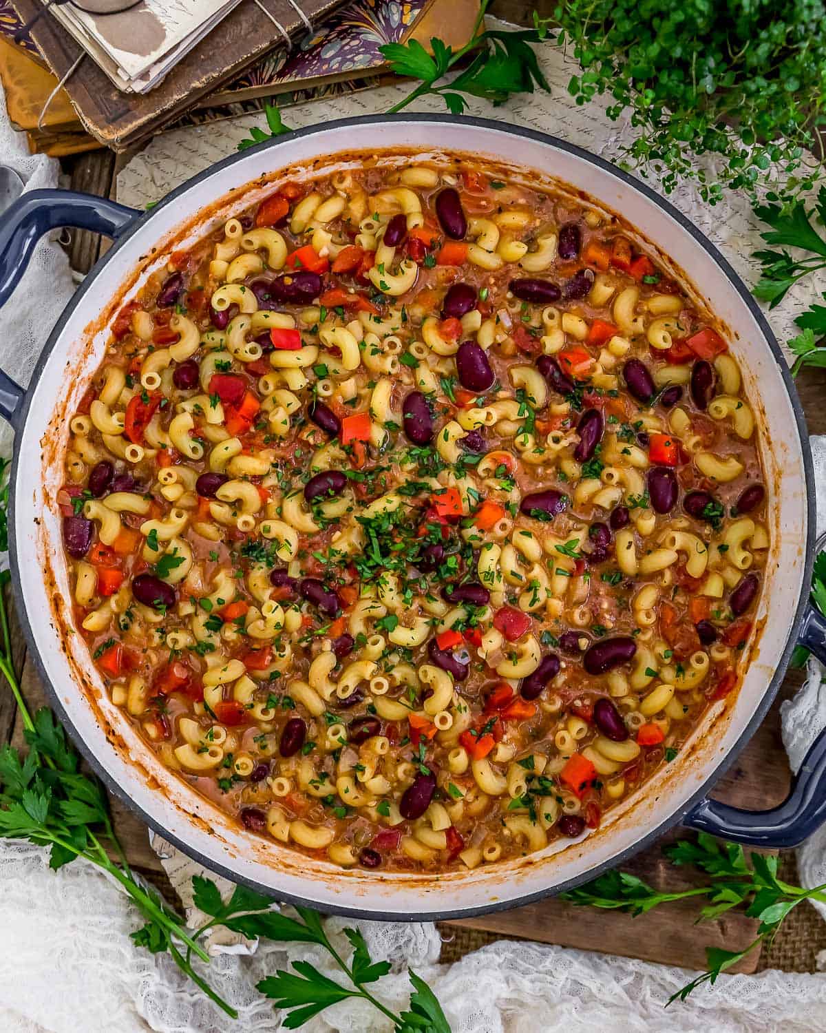 Tablescape of Italian Veggie Pasta Skillet