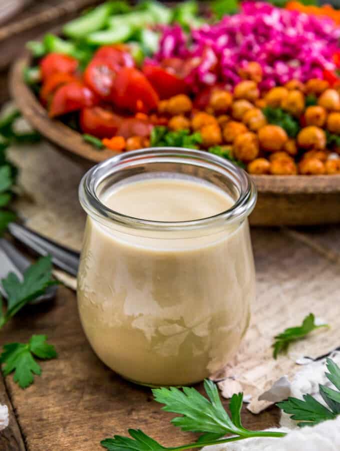 Oil Free Simple Hummus Dressing in a jar