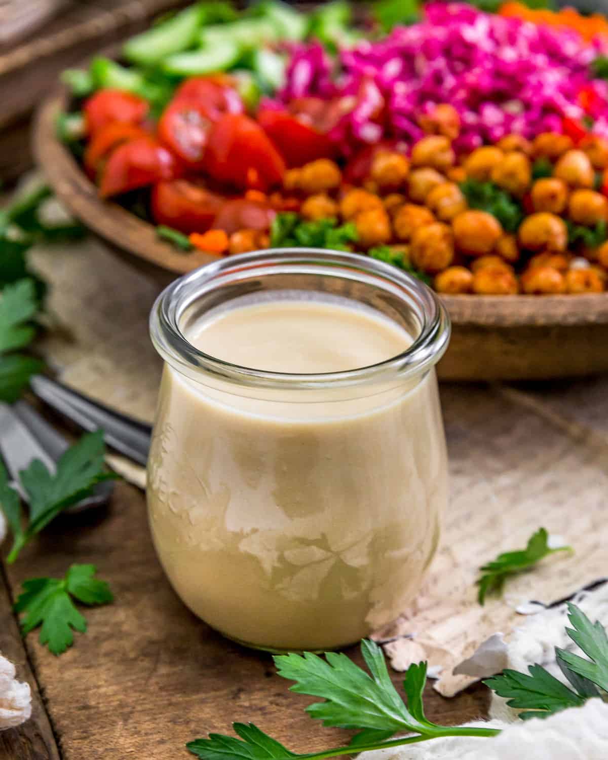 Oil Free Simple Hummus Dressing in a jar