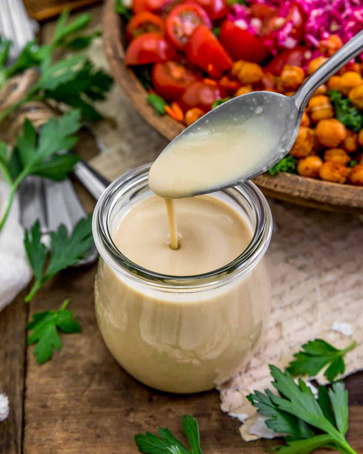 Spoon of Oil Free Simple Hummus Dressing