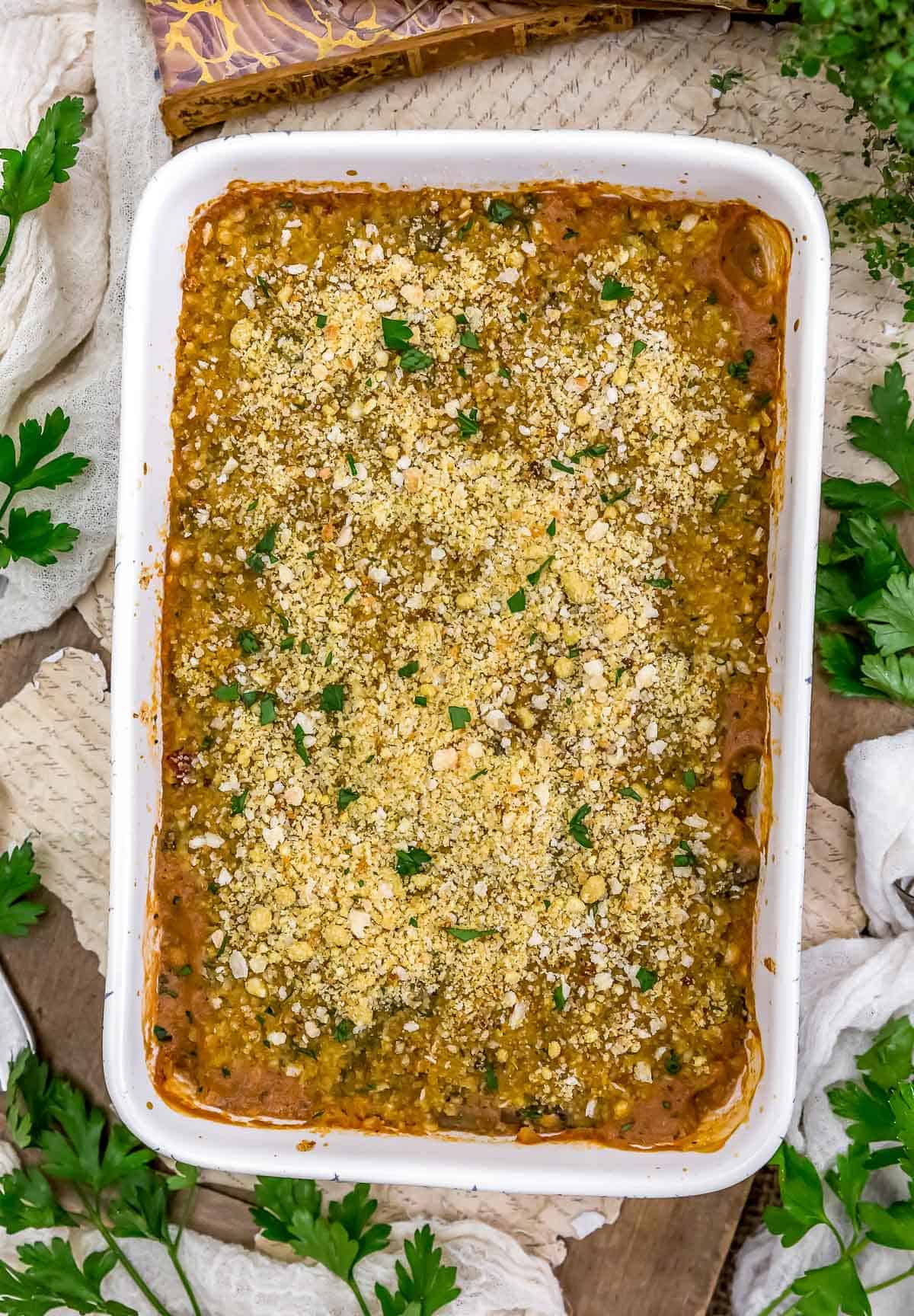 Casserole pan of Green Bean Tomato Bake