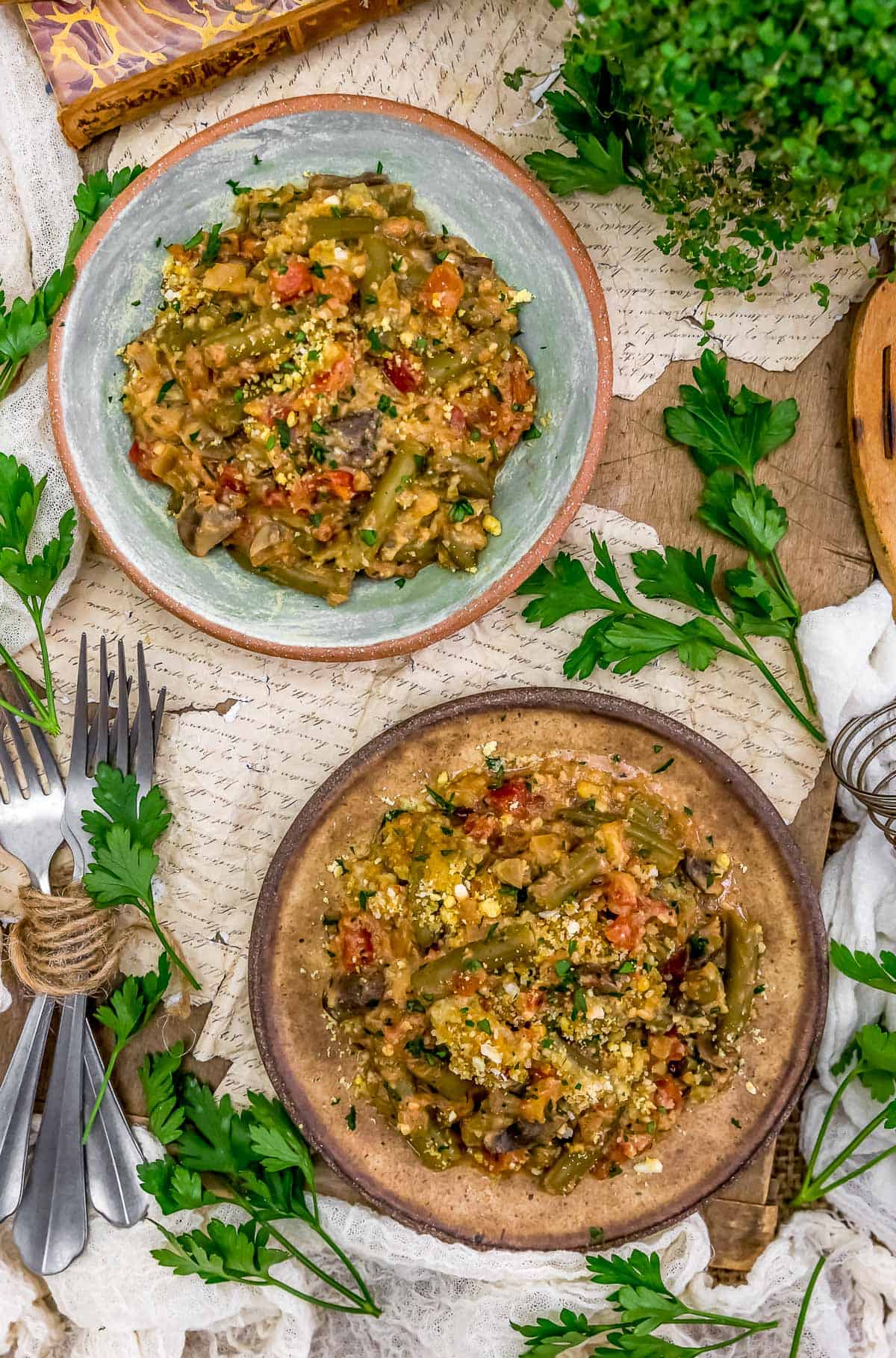 Tablescape of Green Bean Tomato Bake