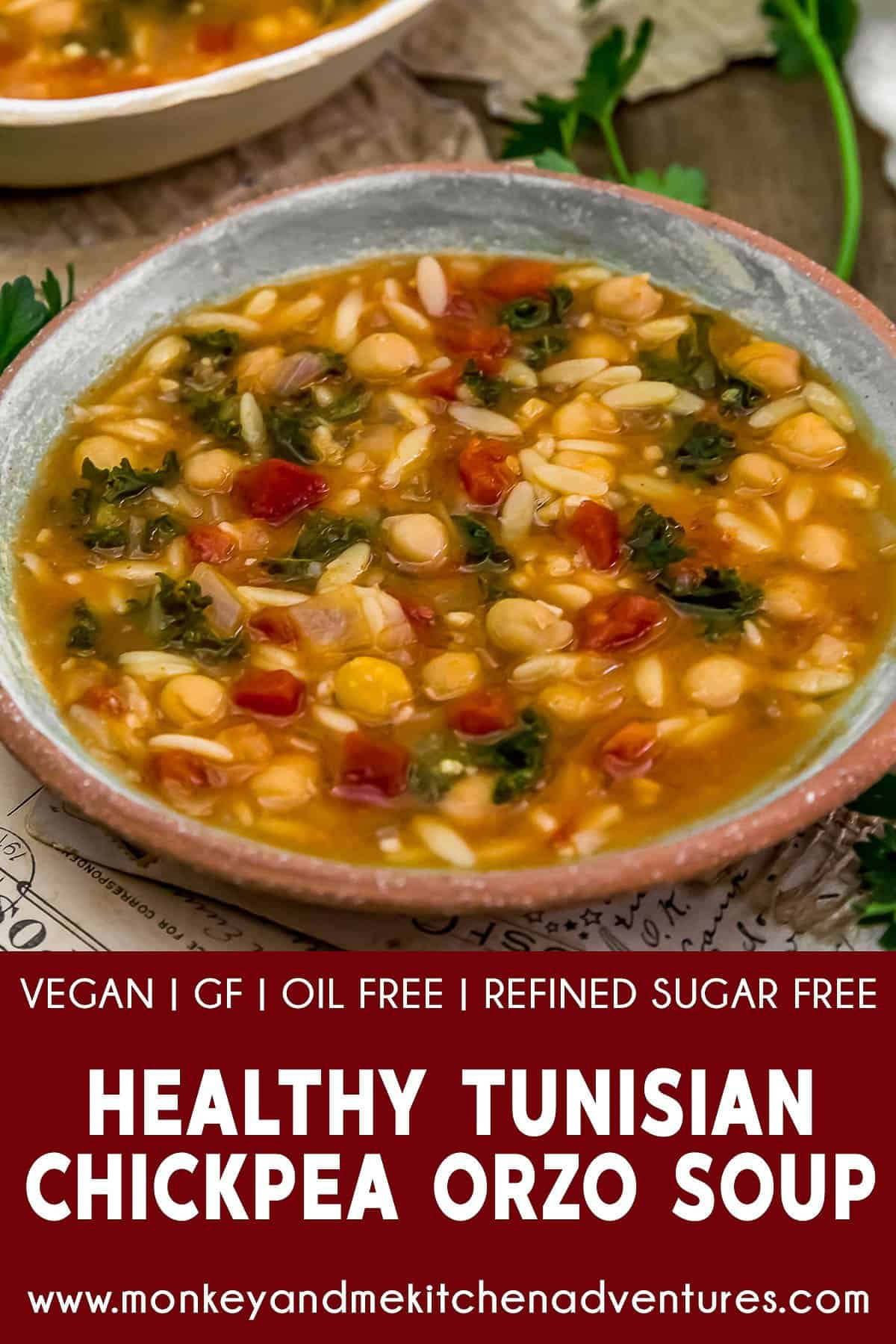 Healthy Tunisian Chickpea Orzo Soup with text description