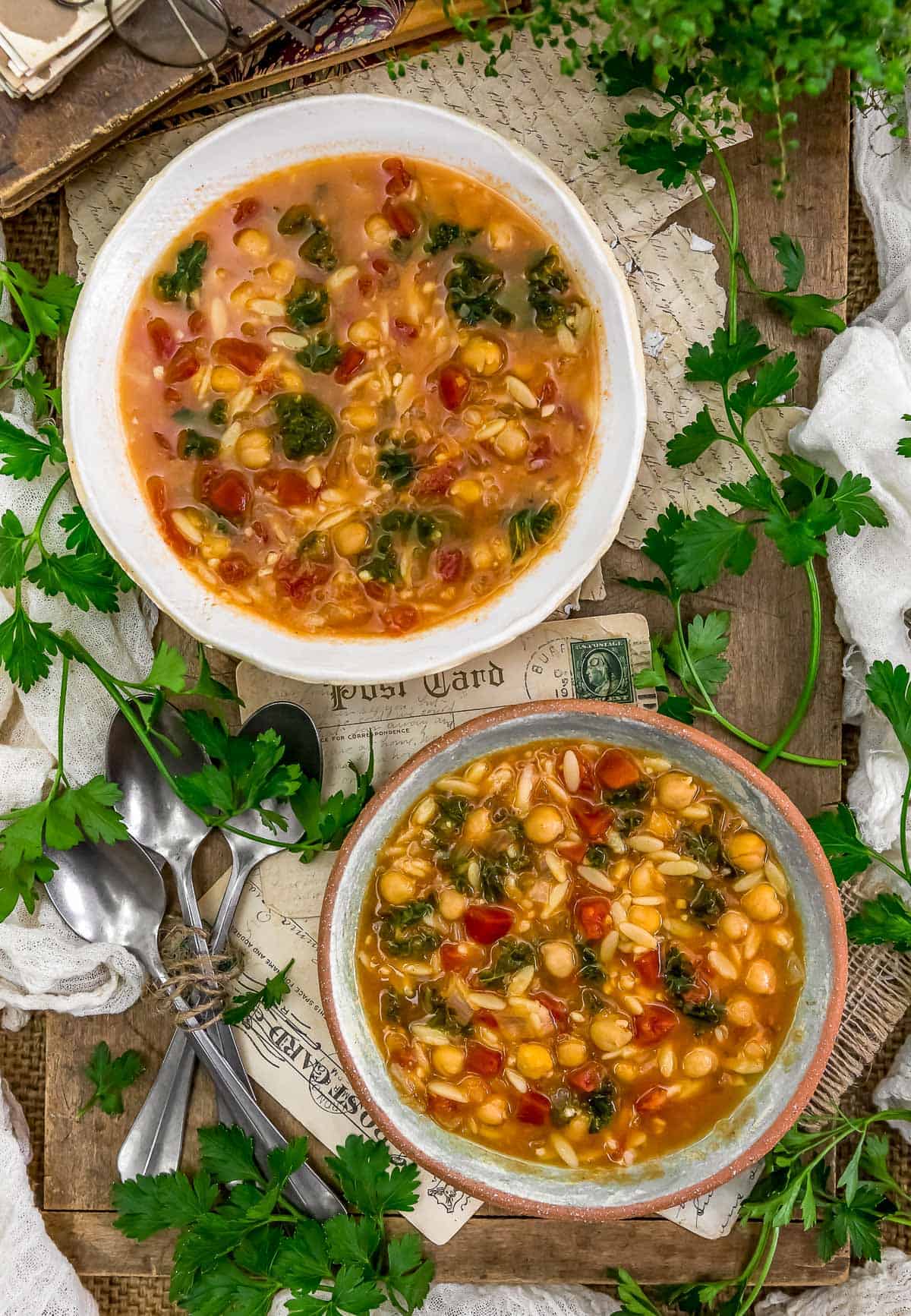 Tablescape of Healthy Tunisian Chickpea Orzo Soup