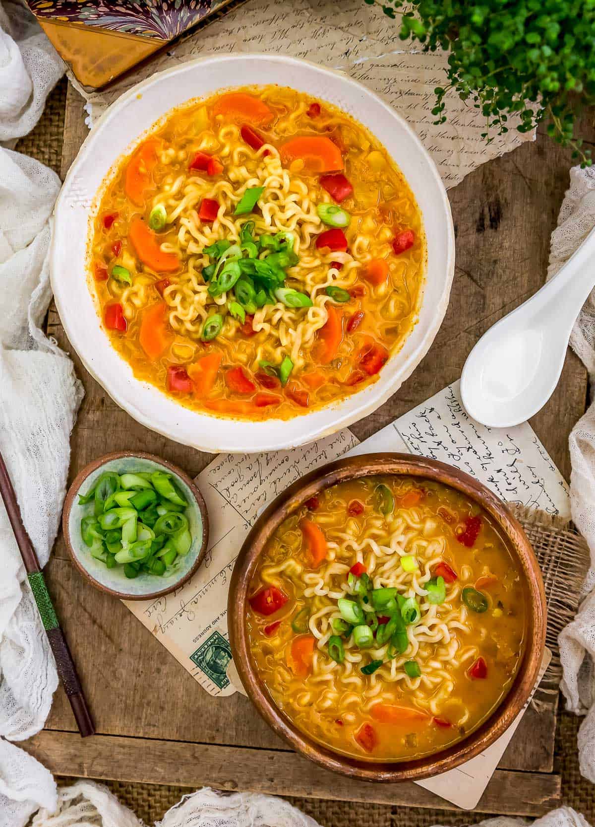 Tablescape of Thai Red Curry Ramen Noodle Soup