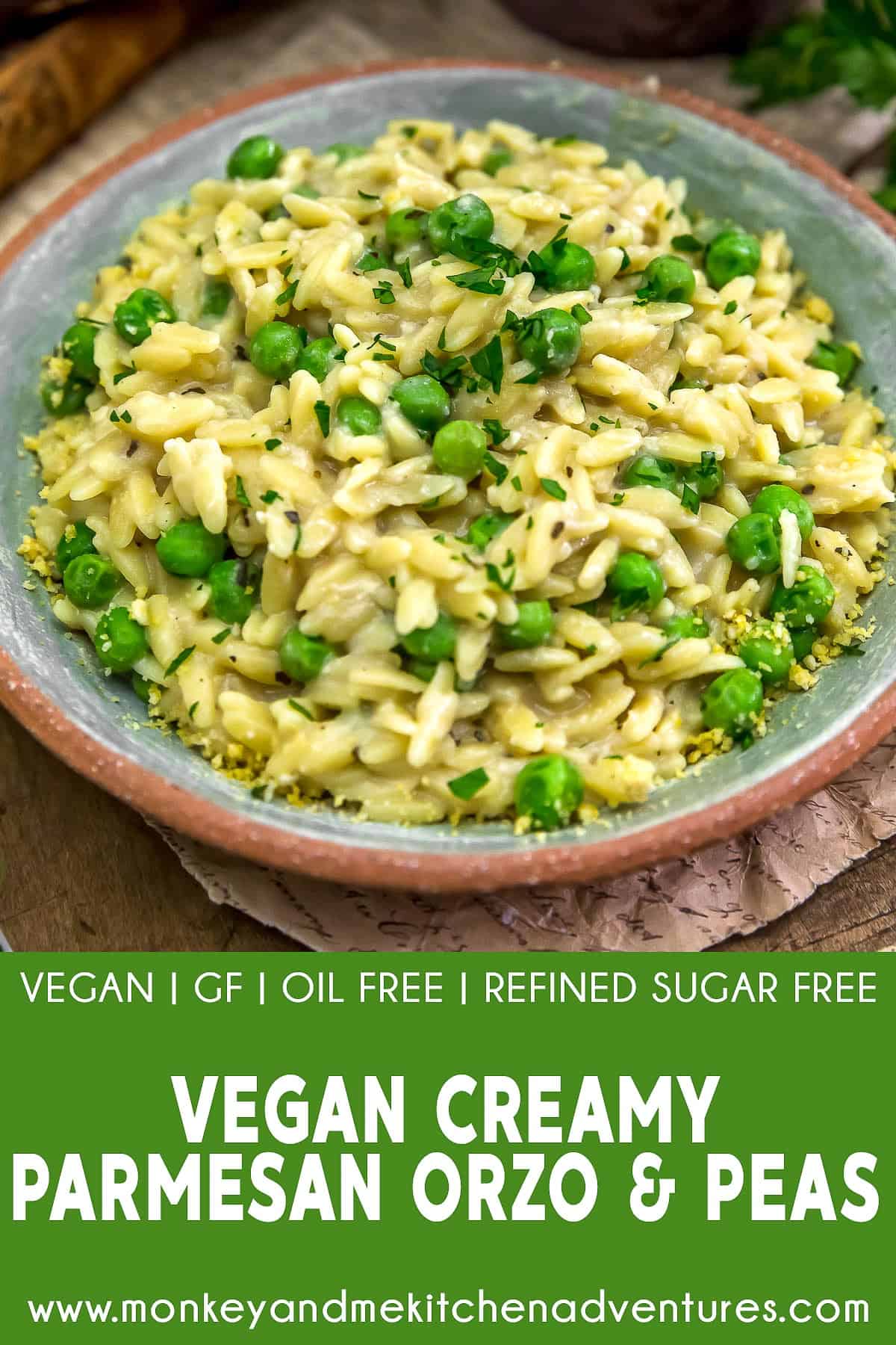 Vegan Creamy Parmesan Orzo and Peas with text description