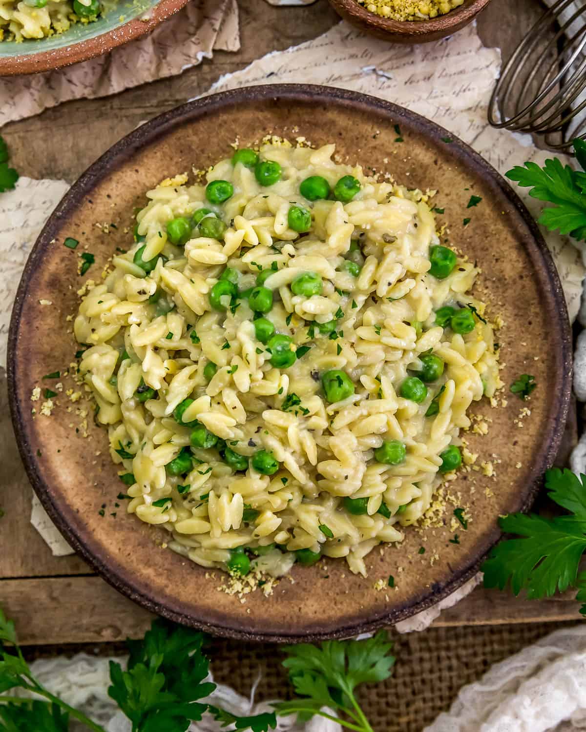 Plate of Vegan Creamy Parmesan Orzo and Peas