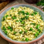 Close up of Vegan Creamy Parmesan Orzo and Peas