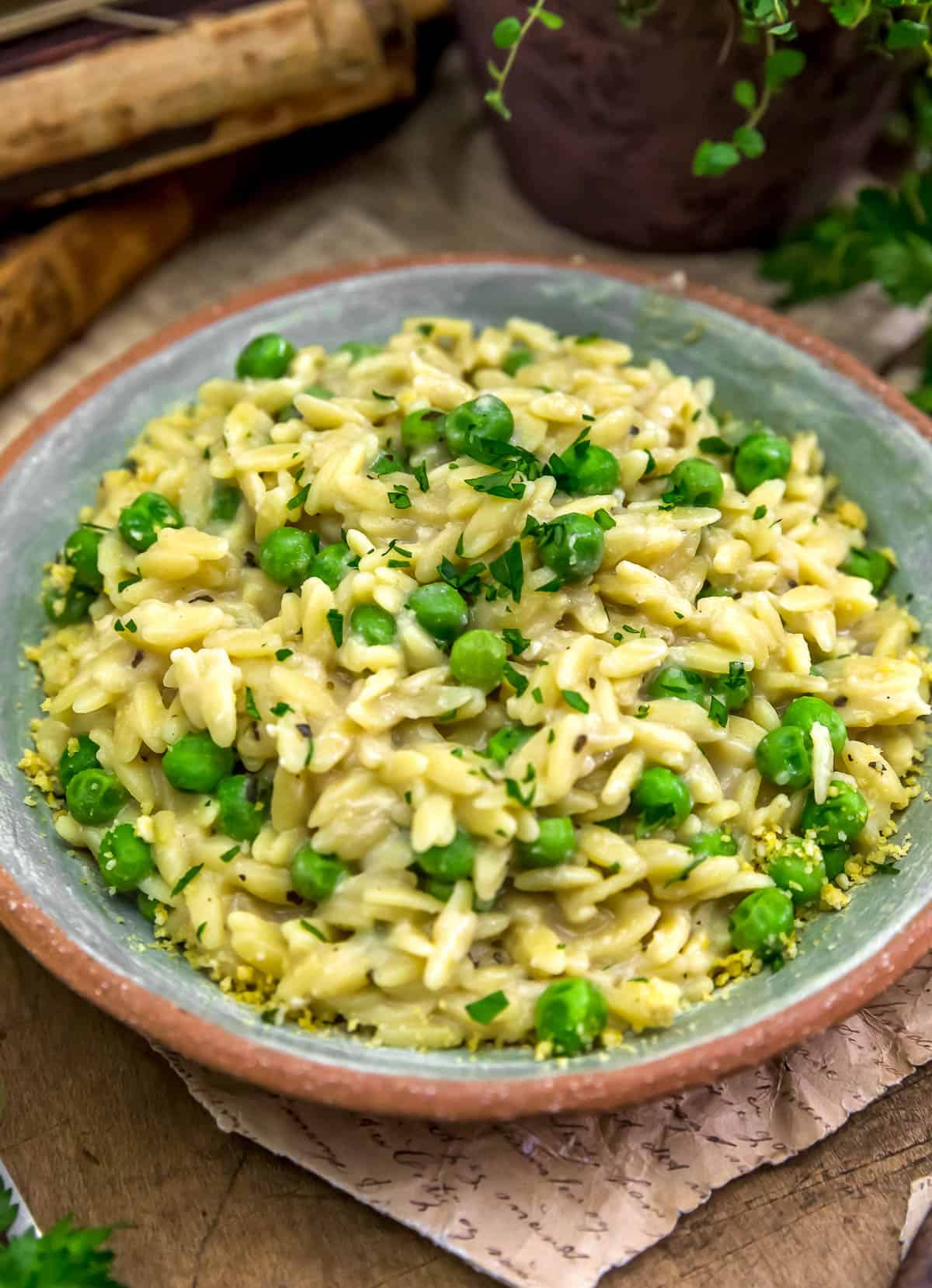 Close up of Vegan Creamy Parmesan Orzo and Peas