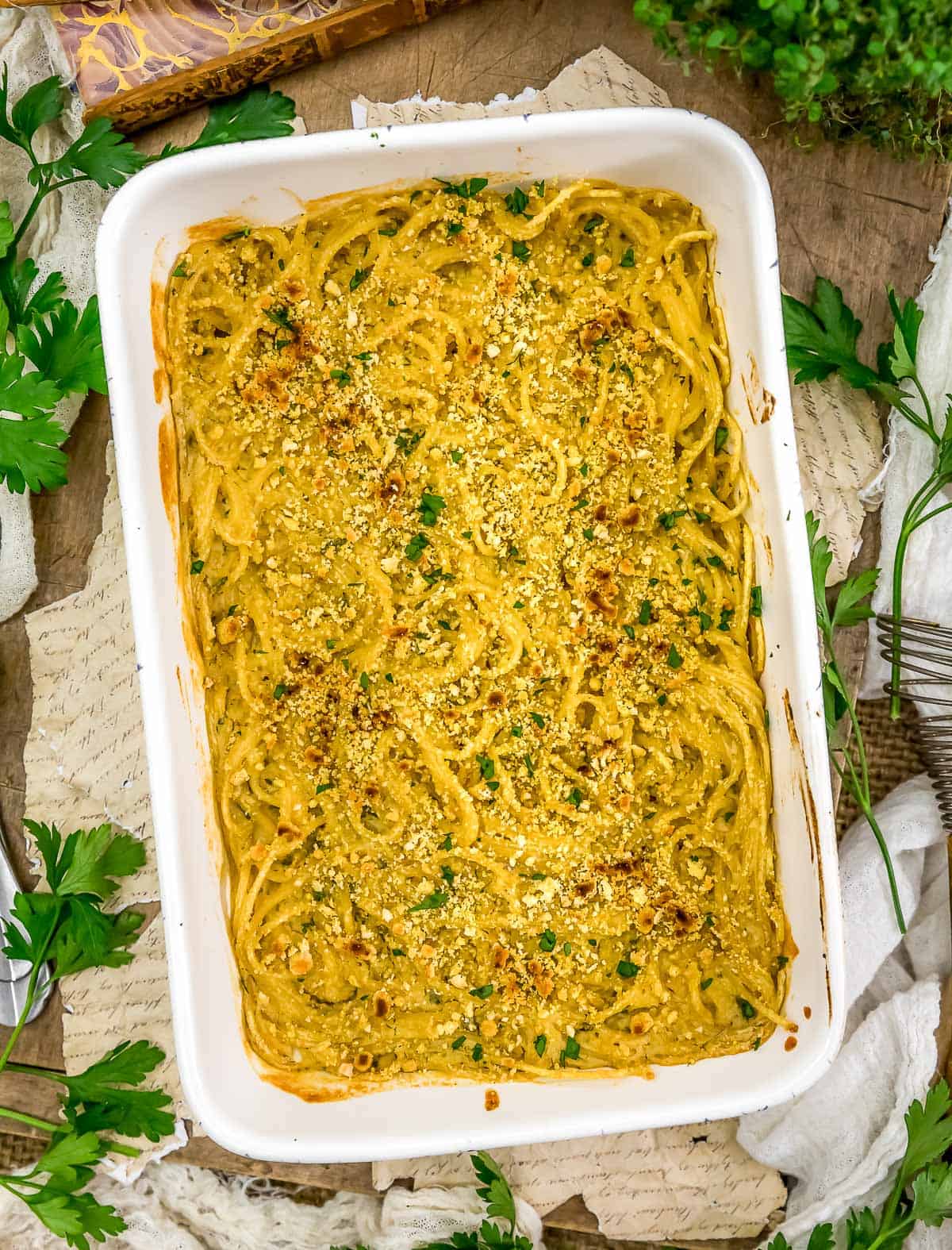 Dish of Vegan French Onion Noodle Casserole