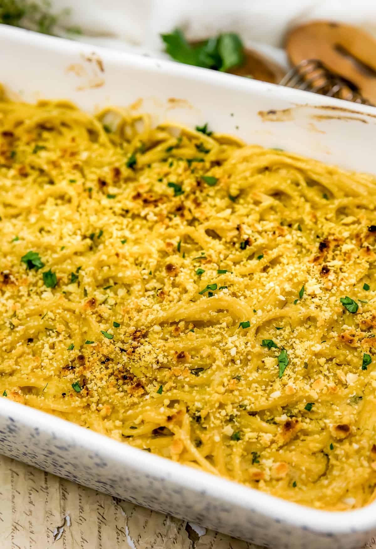 Close up of Vegan French Onion Noodle Casserole