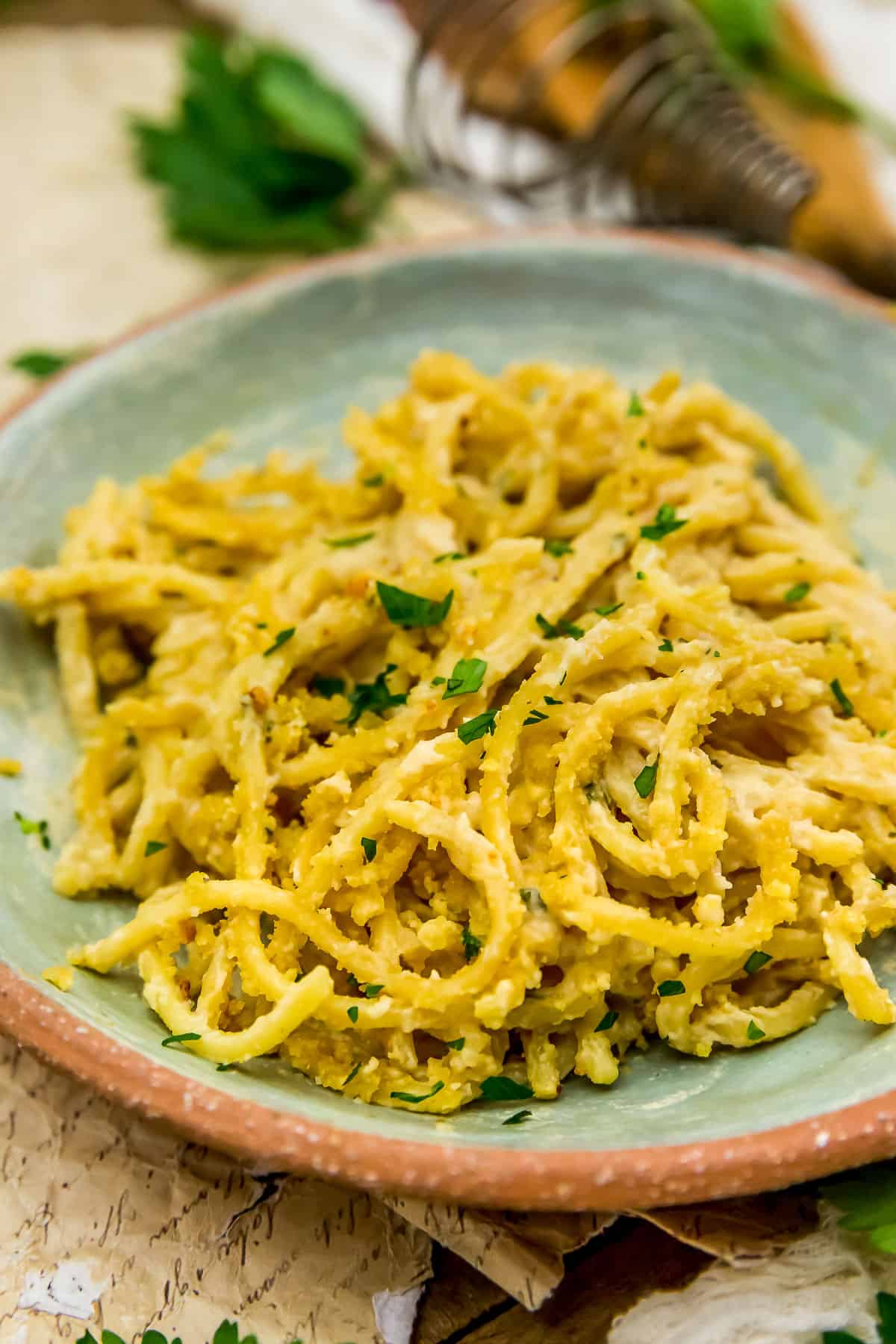 Vegan French Onion Noodle Casserole on a plate