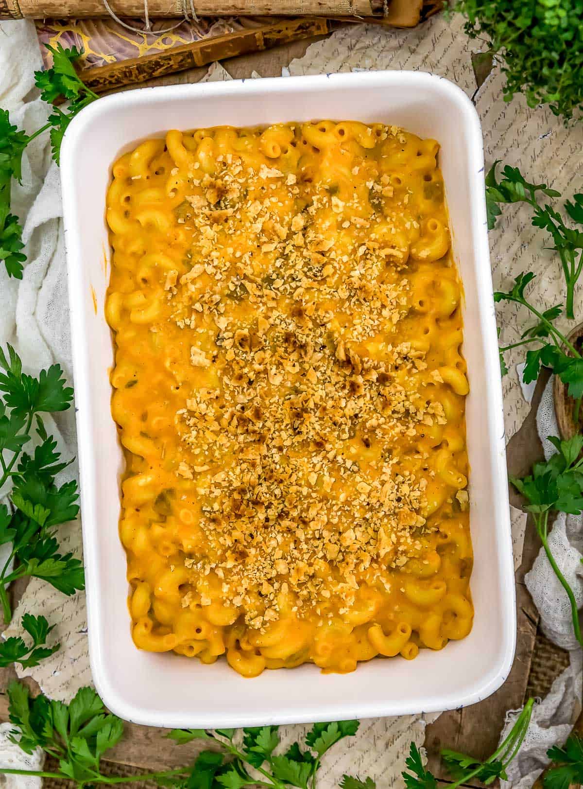 Vegan Nacho Mac and Cheese in a Casserole pan