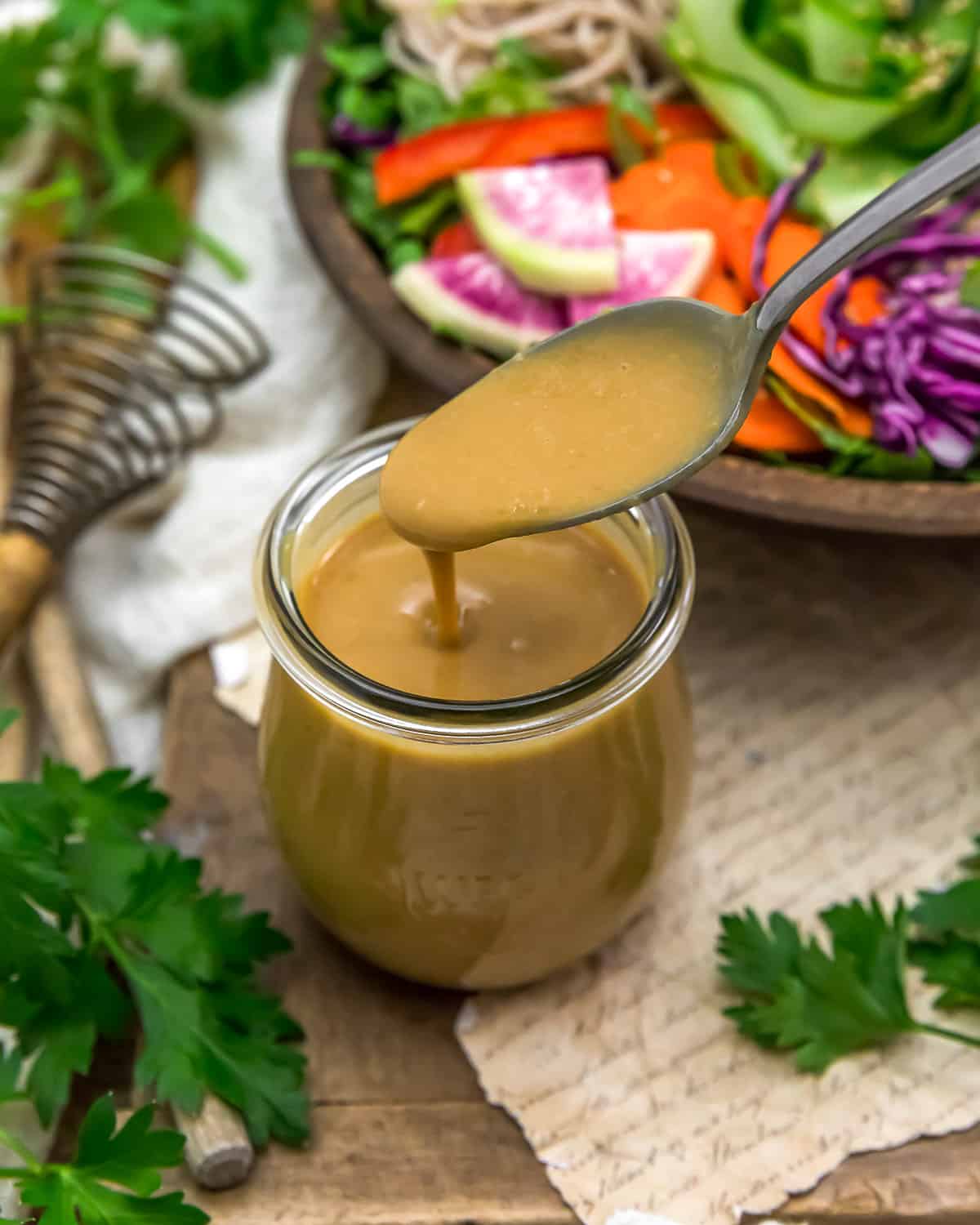 Spoon of Oil Free Asian Hummus Dressing