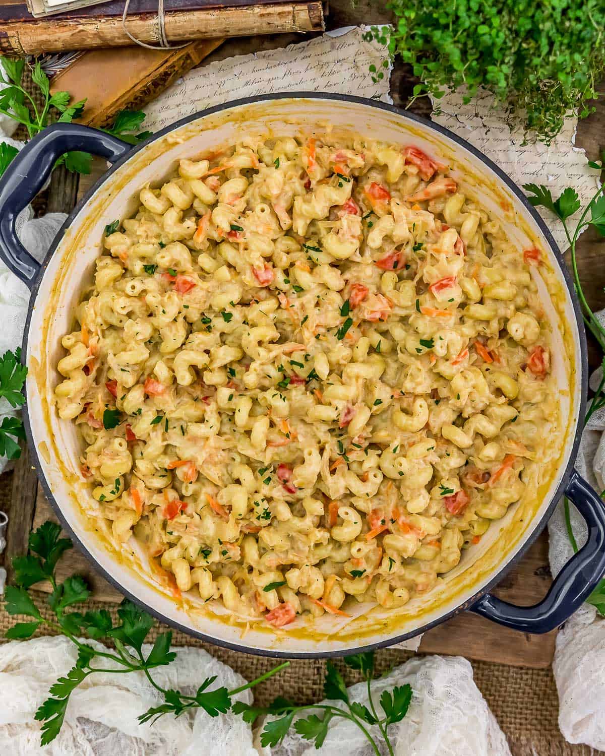 Top view of Vegan Creamy Sauerkraut Pasta Skillet