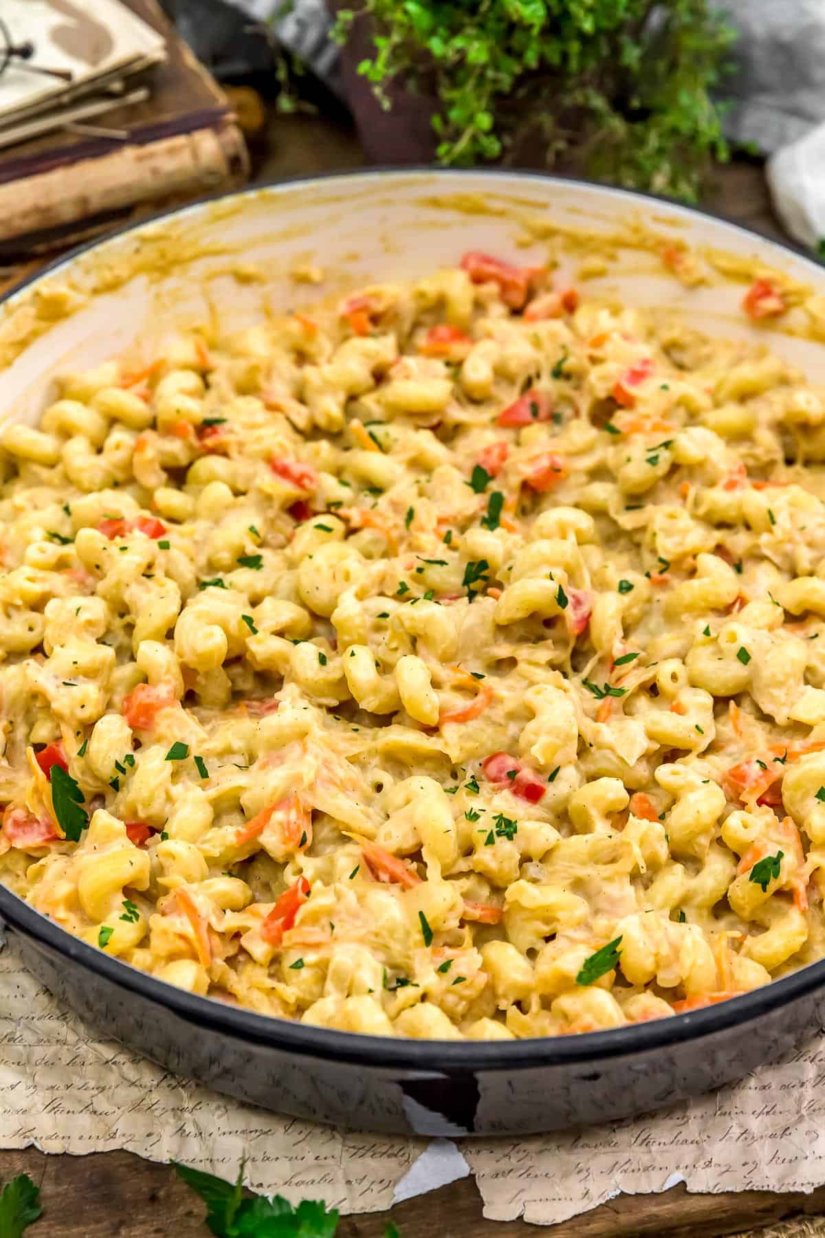 Close up of Vegan Creamy Sauerkraut Pasta Skillet